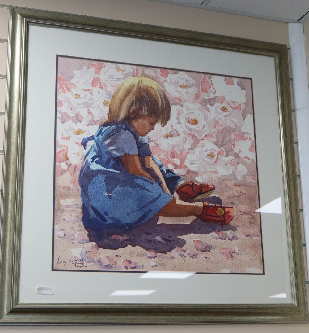 Lucy Wiles, watercolour, Child beside roses, signed, 55 x 55cm
